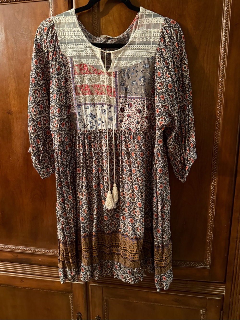 Umgee Bohemian Patchwork Midi Dress in Rust Floral